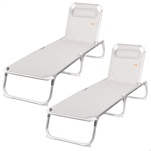 Pack 2 espreguiçadeiras de praia multiposições 186x49x30 cm bege com almofada Pack 2 espreguiçadeiras de praia multiposições 186x49x30 cm bege com almofada