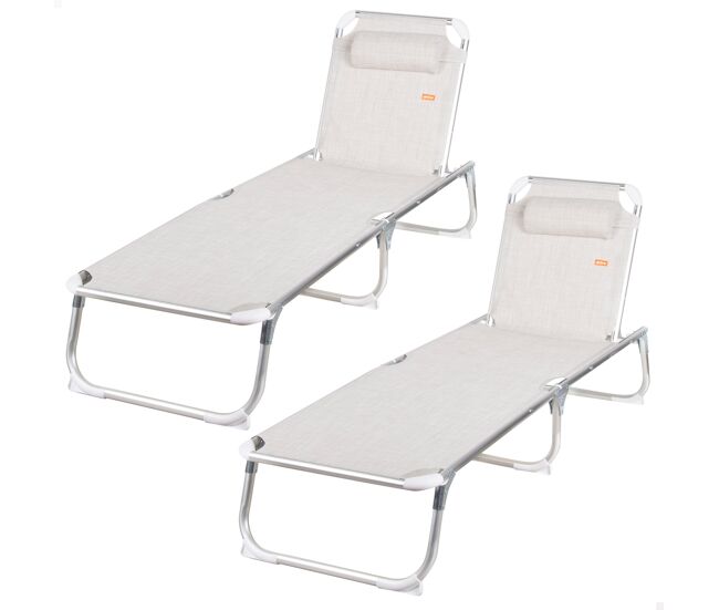 Pack 2 tumbonas playa multiposición 186x49x30 cm beige con cojín