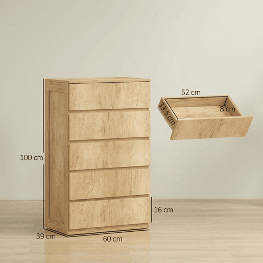 HOMCOM Cómoda de 5 Gavetas, Cómoda Moderna para Quarto, Sinfonier, Design sem Puxadores, Gaveteiro para Sala de Estar, Sala de Jantar, Entrada, 60x39x100 cm, Madeira Natural HOMCOM Cómoda de 5 Gavetas, Cómoda Moderna para Quarto, Sinfonier, Design sem Puxadores, Gaveteiro para Sala de Estar, Sala de Jantar, Entrada, 60x39x100 cm, Madeira Natural