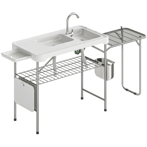 Outsunny Mesa de Campismo Dobrável com 2 Lavatórios Torneira Mangueira Prateleira Lateral Grelha Gaveta Cesta Régua Ranhuras Estação de Limpeza para Pesca 177,5x58x110u202Fcm Branco