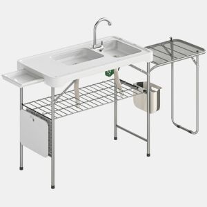Outsunny Mesa de Campismo Dobrável com 2 Lavatórios Torneira Mangueira Prateleira Lateral Grelha Gaveta Cesta Régua Ranhuras Estação de Limpeza para Pesca 177,5x58x110u202Fcm Branco