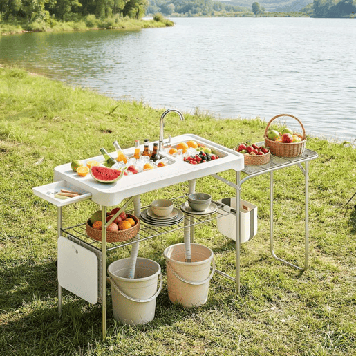 Outsunny Mesa de Campismo Dobrável com 2 Lavatórios Torneira Mangueira Prateleira Lateral Grelha Gaveta Cesta Régua Ranhuras Estação de Limpeza para Pesca 177,5x58x110u202Fcm Branco