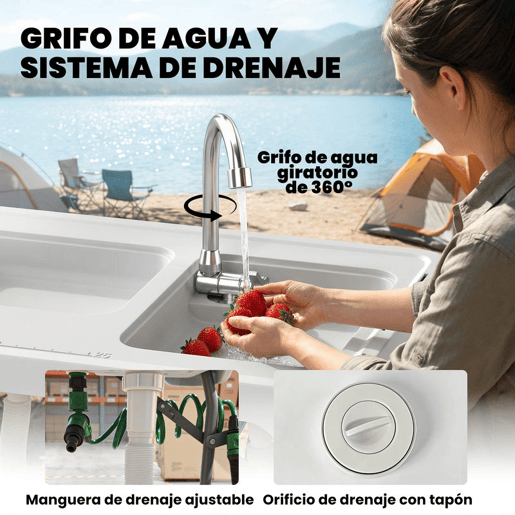 Outsunny Mesa de Campismo Dobrável com 2 Lavatórios Torneira Mangueira Prateleira Lateral Grelha Gaveta Cesta Régua Ranhuras Estação de Limpeza para Pesca 177,5x58x110u202Fcm Branco