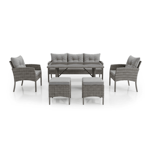 Conjunto Sebas em rattan PE: sofá, mesa, 2 poltronas e 2 pufes. Móveis para jardim e varanda, em rattan cinza.