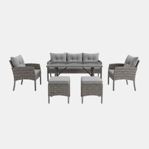 Conjunto Sebas em rattan PE: sofá, mesa, 2 poltronas e 2 pufes. Móveis para jardim e varanda, em rattan cinza.