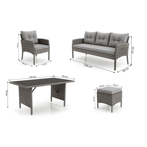 Conjunto Sebas em rattan PE: sofá, mesa, 2 poltronas e 2 pufes. Móveis para jardim e varanda, em rattan cinza.