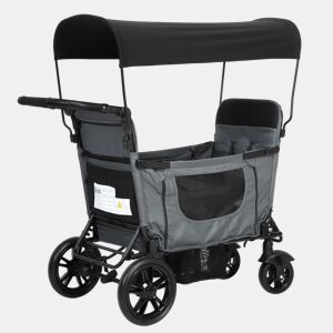Carrinho dobrável para 2 crianças - assento convertível em cama, guiador ajustável em 8 posições, capota com proteção solar, tabuleiro, arnês de 5 pontos, rodas de PU com travões - cinzento escuro
