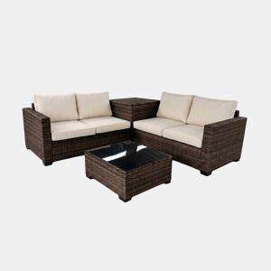 Sofá de canto + mesa + baú de arrumação em rattan PE. Móveis de jardim e pátio em rattan castanho