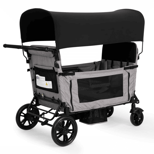 Carrinho dobrável grande com 4 lugares - Assento convertível em cama, 8 posições do guiador, dobrável, com capota e tabuleiro, rodas todo-o-terreno, bolsa lateral e porta-copos - Preto + Cinzento