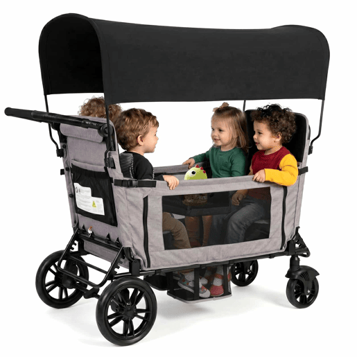Carrinho dobrável grande com 4 lugares - Assento convertível em cama, 8 posições do guiador, dobrável, com capota e tabuleiro, rodas todo-o-terreno, bolsa lateral e porta-copos - Preto + Cinzento