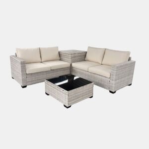 Sofá de canto + baú de arrumação + mesa em rattan PE. Mobiliário para jardim e pátio, rattan cinza
