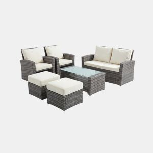 Sofá + 2 cadeirões + 2 pufes + mesa de centro em rattan PE. Mobiliário para jardim e pátio, rattan cinza