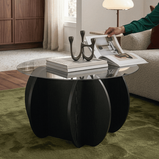 Mesa de centro Karhuvandi com tampo de vidro Ø70x40 cm PretoCinzento en.casa Mesa de centro Karhuvandi com tampo de vidro Ø70x40 cm PretoCinzento en.casa