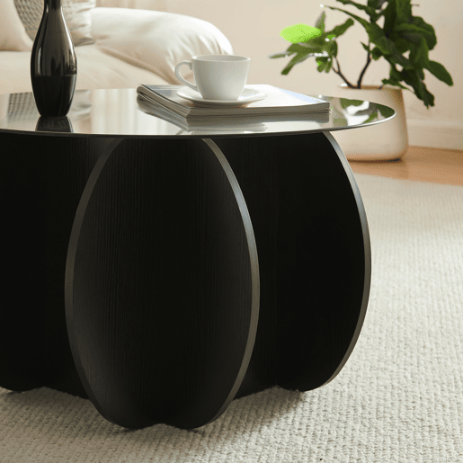 Mesa de centro Karhuvandi com tampo de vidro Ø70x40 cm PretoCinzento en.casa Mesa de centro Karhuvandi com tampo de vidro Ø70x40 cm PretoCinzento en.casa
