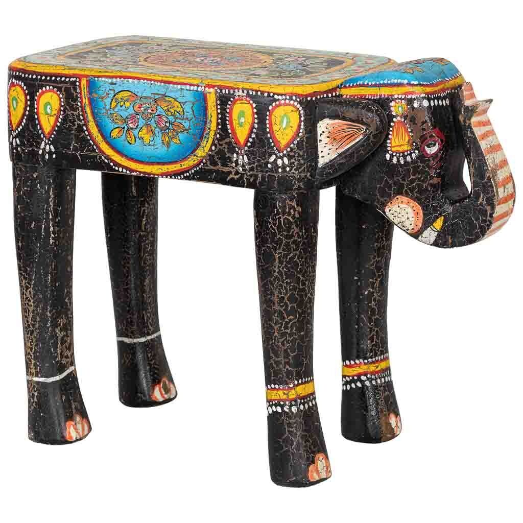 Taburete de madera elefante multicolor pintado a mano 56x21x40cm