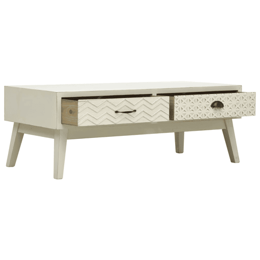 Mesa de Centro, Mesa baixa, 2 gavetas esculpidas 110x50x40 madeira cinzento Mesa de Centro, Mesa baixa, 2 gavetas esculpidas 110x50x40 madeira cinzento