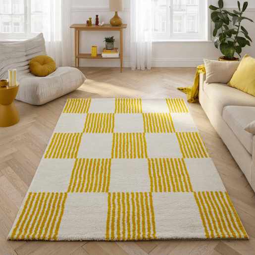 Tapete interior quadriculado amarelo e branco - 290x200x2 cm Tapete interior quadriculado amarelo e branco - 290x200x2 cm