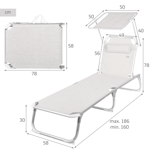 Pack 2 espreguiçadeiras de praia multiposições 186x49x30 cm bege com guarda-sol e almofada Pack 2 espreguiçadeiras de praia multiposições 186x49x30 cm bege com guarda-sol e almofada