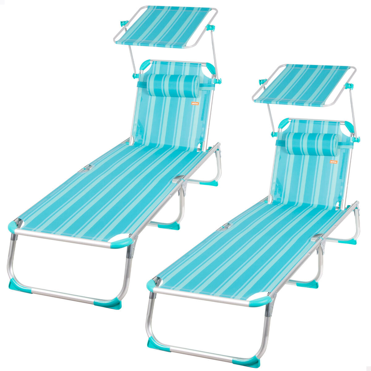Aktive - Pack 2 tumbonas playa plegables aluminio con parasol Turquesa