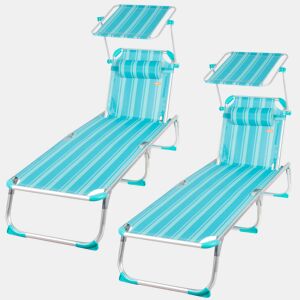 Pack 2 espreguiƧadeiras de praia multiposiƧƵes 186x49x30 cm listradas turquesa com guarda-sol e almofada