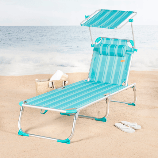 Pack 2 espreguiçadeiras de praia multiposições 186x49x30 cm listradas turquesa com guarda-sol e almofada Pack 2 espreguiçadeiras de praia multiposições 186x49x30 cm listradas turquesa com guarda-sol e almofada