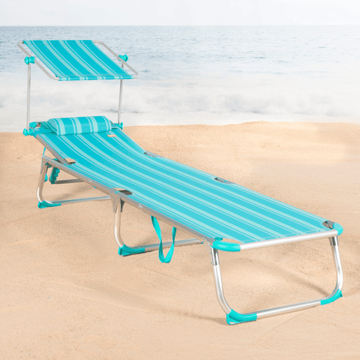 Pack 2 espreguiçadeiras de praia multiposições 186x49x30 cm listradas turquesa com guarda-sol e almofada Pack 2 espreguiçadeiras de praia multiposições 186x49x30 cm listradas turquesa com guarda-sol e almofada
