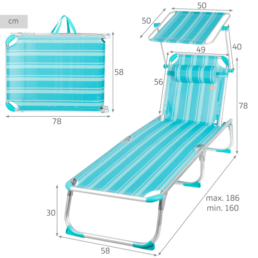Pack 2 espreguiçadeiras de praia multiposições 186x49x30 cm listradas turquesa com guarda-sol e almofada Pack 2 espreguiçadeiras de praia multiposições 186x49x30 cm listradas turquesa com guarda-sol e almofada