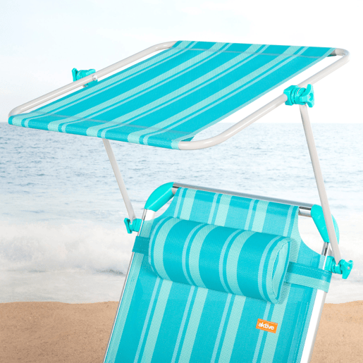 Pack 2 espreguiçadeiras de praia multiposições 186x49x30 cm listradas turquesa com guarda-sol e almofada Pack 2 espreguiçadeiras de praia multiposições 186x49x30 cm listradas turquesa com guarda-sol e almofada