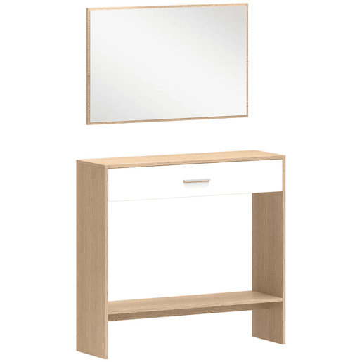 HOMCOM Móvel de Entrada com Espelho, Gaveta e Prateleira, Conjunto de Hall de Entrada de 2 Peças com Mesa Consola e Espelho, Design Antitombo, para Corredor, 91,5x27,9x85,5 cm, Carvalho