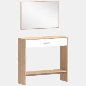 HOMCOM Móvel de Entrada com Espelho, Gaveta e Prateleira, Conjunto de Hall de Entrada de 2 Peças com Mesa Consola e Espelho, Design Antitombo, para Corredor, 91,5x27,9x85,5 cm, Carvalho