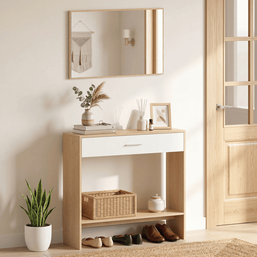 HOMCOM Móvel de Entrada com Espelho, Gaveta e Prateleira, Conjunto de Hall de Entrada de 2 Peças com Mesa Consola e Espelho, Design Antitombo, para Corredor, 91,5x27,9x85,5 cm, Carvalho