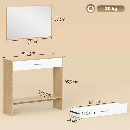 HOMCOM Móvel de Entrada com Espelho, Gaveta e Prateleira, Conjunto de Hall de Entrada de 2 Peças com Mesa Consola e Espelho, Design Antitombo, para Corredor, 91,5x27,9x85,5 cm, Carvalho