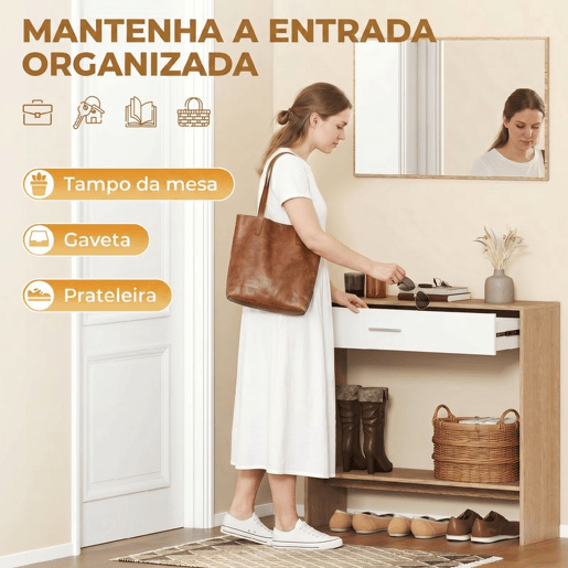 HOMCOM Móvel de Entrada com Espelho, Gaveta e Prateleira, Conjunto de Hall de Entrada de 2 Peças com Mesa Consola e Espelho, Design Antitombo, para Corredor, 91,5x27,9x85,5 cm, Carvalho