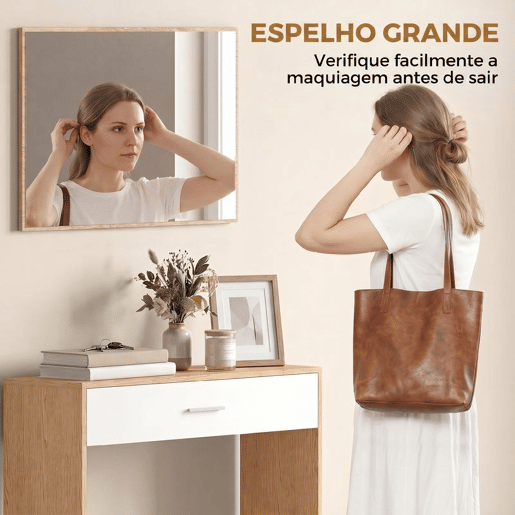 HOMCOM Móvel de Entrada com Espelho, Gaveta e Prateleira, Conjunto de Hall de Entrada de 2 Peças com Mesa Consola e Espelho, Design Antitombo, para Corredor, 91,5x27,9x85,5 cm, Carvalho