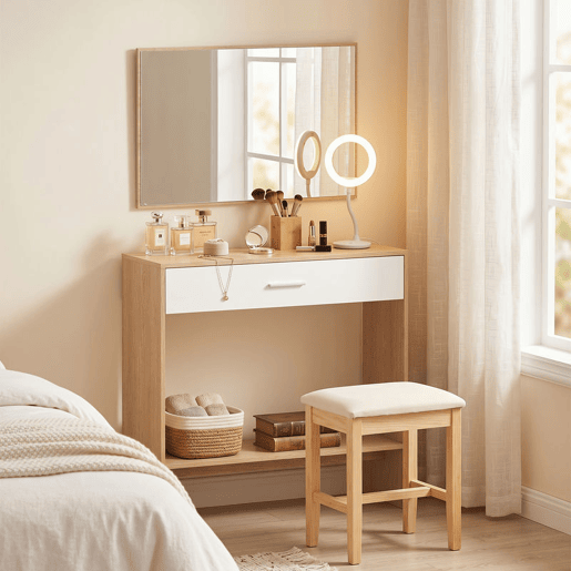 HOMCOM Móvel de Entrada com Espelho, Gaveta e Prateleira, Conjunto de Hall de Entrada de 2 Peças com Mesa Consola e Espelho, Design Antitombo, para Corredor, 91,5x27,9x85,5 cm, Carvalho
