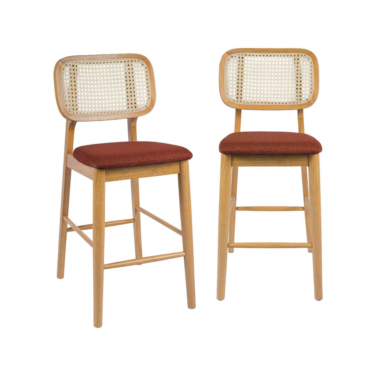 Taburete de bar de madera de hevea con rejilla y tela, set de 2, mani, natural, 44x59x98.5 cm