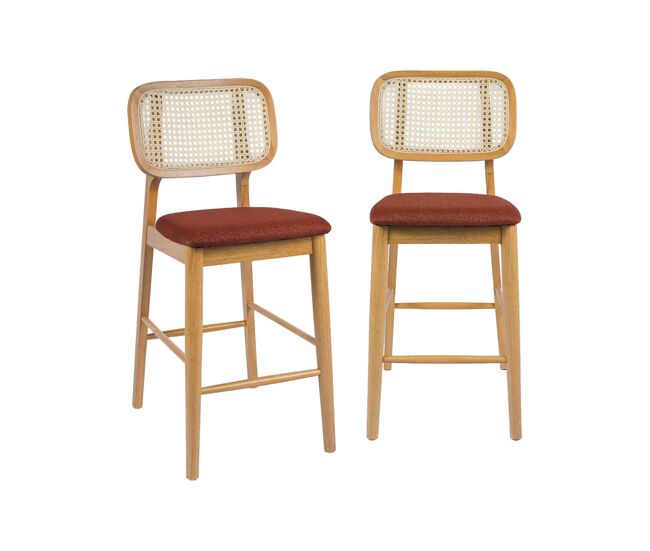 Taburete de bar de madera de hevea con rejilla y tela, set de 2, mani, natural, 44x59x98.5 cm