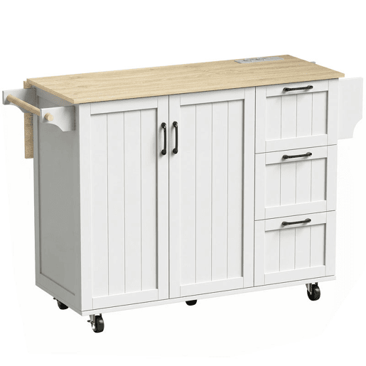 HOMCOM Ilha de Cozinha com Tampo Extensível e Estação de Carregamento, Carrinho de Cozinha com Rodas, 2 Portas, 3 Gavetas, Prateleiras Ajustáveis, Suporte para Especiarias e Barra para Toalhas, Branco HOMCOM Ilha de Cozinha com Tampo Extensível e Estação de Carregamento, Carrinho de Cozinha com Rodas, 2 Portas, 3 Gavetas, Prateleiras Ajustáveis, Suporte para Especiarias e Barra para Toalhas, Branco