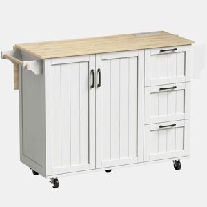 HOMCOM Ilha de Cozinha com Tampo Extensível e Estação de Carregamento, Carrinho de Cozinha com Rodas, 2 Portas, 3 Gavetas, Prateleiras Ajustáveis, Suporte para Especiarias e Barra para Toalhas, Branco