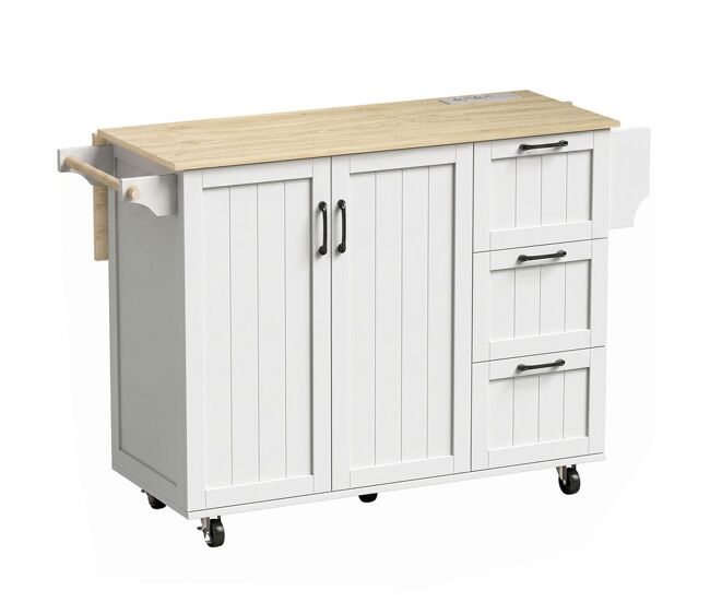 Homcom isla de cocina con encimera extensible y estación de carga, carro de cocina con ruedas, 2 puertas, 3 cajones, estantes ajustables, especiero y toallero, blanco