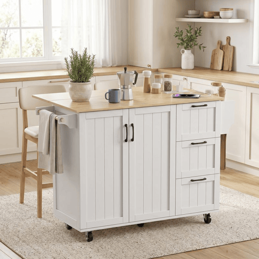 HOMCOM Ilha de Cozinha com Tampo Extensível e Estação de Carregamento, Carrinho de Cozinha com Rodas, 2 Portas, 3 Gavetas, Prateleiras Ajustáveis, Suporte para Especiarias e Barra para Toalhas, Branco HOMCOM Ilha de Cozinha com Tampo Extensível e Estação de Carregamento, Carrinho de Cozinha com Rodas, 2 Portas, 3 Gavetas, Prateleiras Ajustáveis, Suporte para Especiarias e Barra para Toalhas, Branco