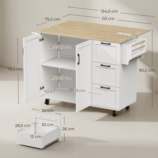 HOMCOM Ilha de Cozinha com Tampo Extensível e Estação de Carregamento, Carrinho de Cozinha com Rodas, 2 Portas, 3 Gavetas, Prateleiras Ajustáveis, Suporte para Especiarias e Barra para Toalhas, Branco HOMCOM Ilha de Cozinha com Tampo Extensível e Estação de Carregamento, Carrinho de Cozinha com Rodas, 2 Portas, 3 Gavetas, Prateleiras Ajustáveis, Suporte para Especiarias e Barra para Toalhas, Branco