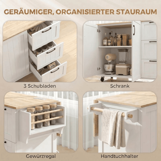 HOMCOM Ilha de Cozinha com Tampo Extensível e Estação de Carregamento, Carrinho de Cozinha com Rodas, 2 Portas, 3 Gavetas, Prateleiras Ajustáveis, Suporte para Especiarias e Barra para Toalhas, Branco HOMCOM Ilha de Cozinha com Tampo Extensível e Estação de Carregamento, Carrinho de Cozinha com Rodas, 2 Portas, 3 Gavetas, Prateleiras Ajustáveis, Suporte para Especiarias e Barra para Toalhas, Branco
