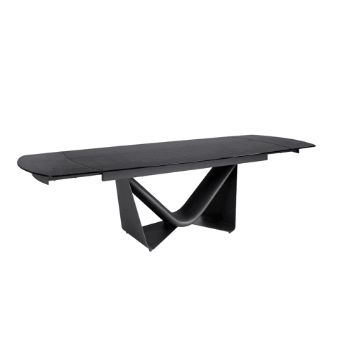 Mesa de jantar extensível oval barril vidro preto, aço inoxidável e fibra de vidro cinzento-escuro metal Mesa de jantar extensível oval barril vidro preto, aço inoxidável e fibra de vidro cinzento-escuro metal