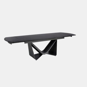 Mesa de jantar extensível oval barril vidro preto, aço inoxidável e fibra de vidro cinzento-escuro metal