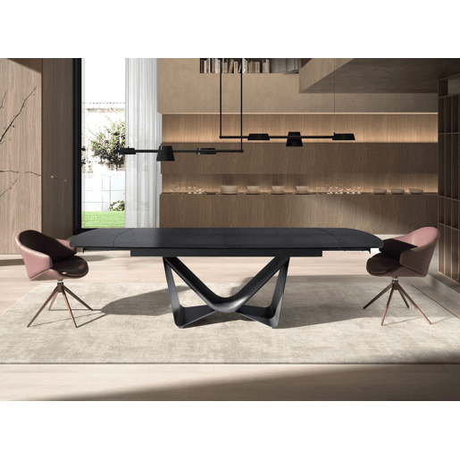 Mesa de jantar extensível oval barril vidro preto, aço inoxidável e fibra de vidro cinzento-escuro metal Mesa de jantar extensível oval barril vidro preto, aço inoxidável e fibra de vidro cinzento-escuro metal