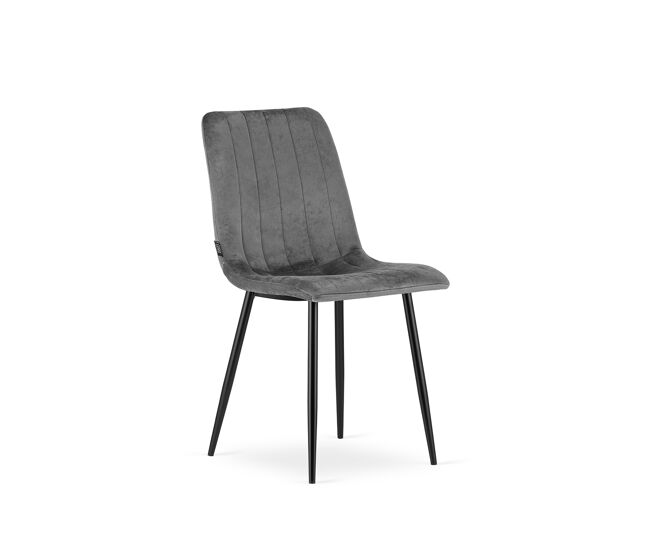 Silla de comedor lava con asiento tapizado en terciopelo, patas metálicas, acabado gris, medidas 43 × 51 × 90 cm.
