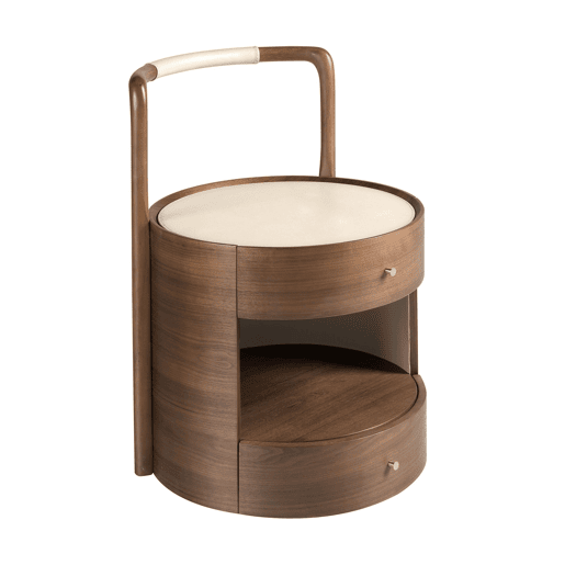 Mesa de cabeceira nogueira com tampo estofado em pele sintética cor creme, 2 gavetas com fecho soft-closing, 50 x 54 x 72 cm