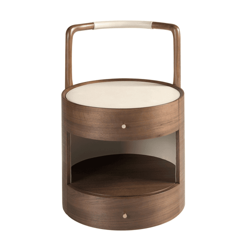 Mesa de cabeceira nogueira com tampo estofado em pele sintética cor creme, 2 gavetas com fecho soft-closing, 50 x 54 x 72 cm