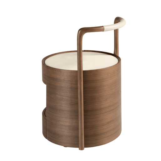 Mesa de cabeceira nogueira com tampo estofado em pele sintética cor creme, 2 gavetas com fecho soft-closing, 50 x 54 x 72 cm